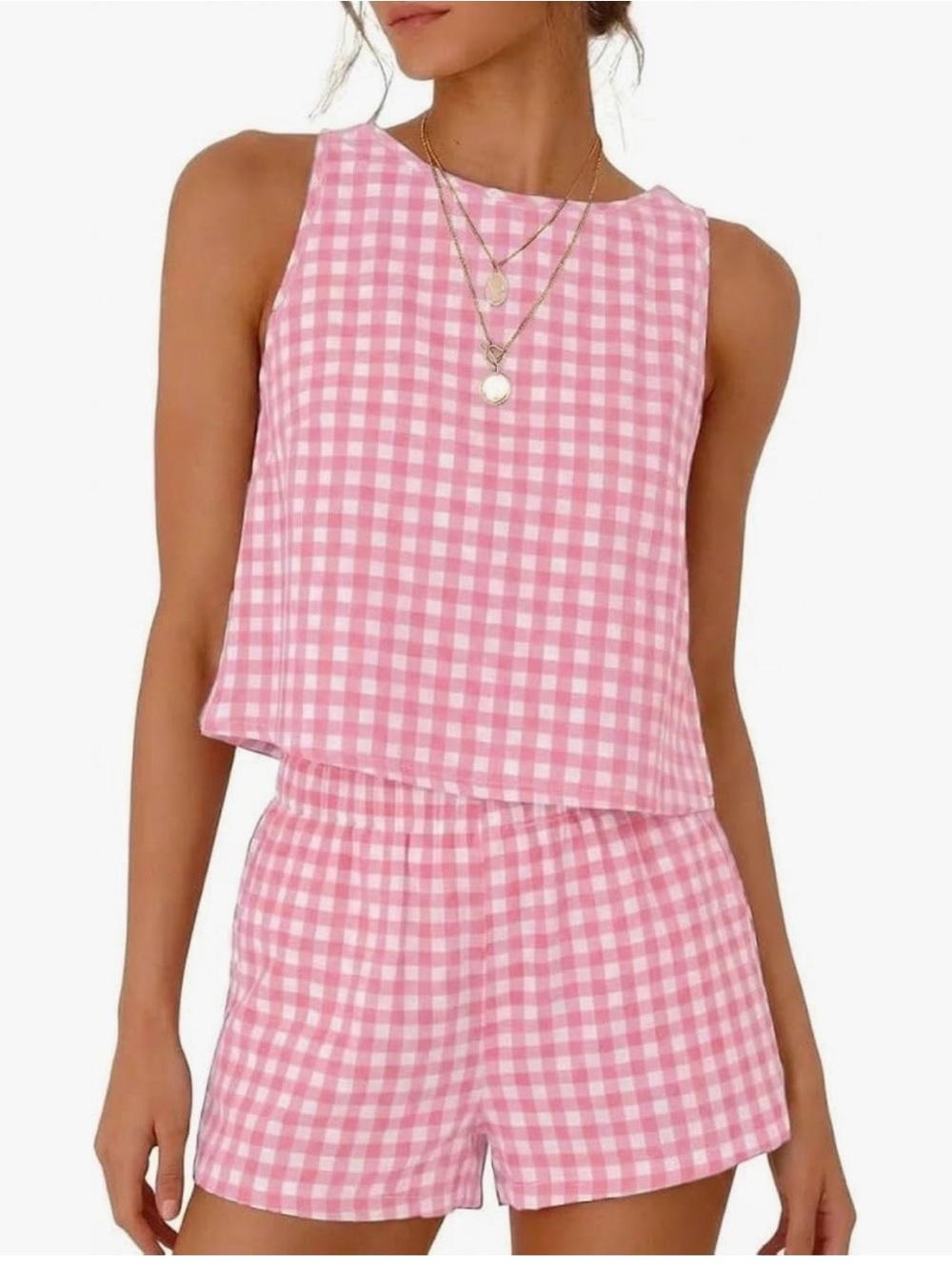 Amazon Pink Gingham Sleeveless Pajama Set
